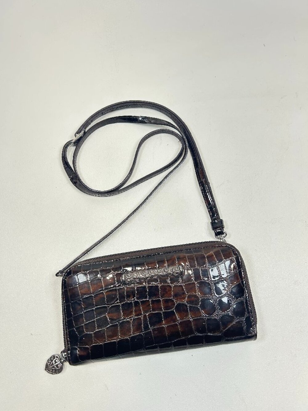 BRIGHTON Cher Croc Brown Leather Zip Around Wallet, Crossbody